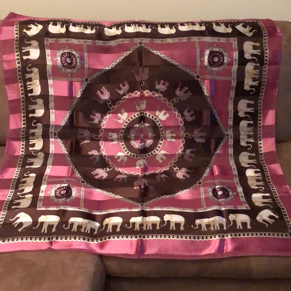 VINTAGE Gorgeous pink cream brown elephant motif scarf